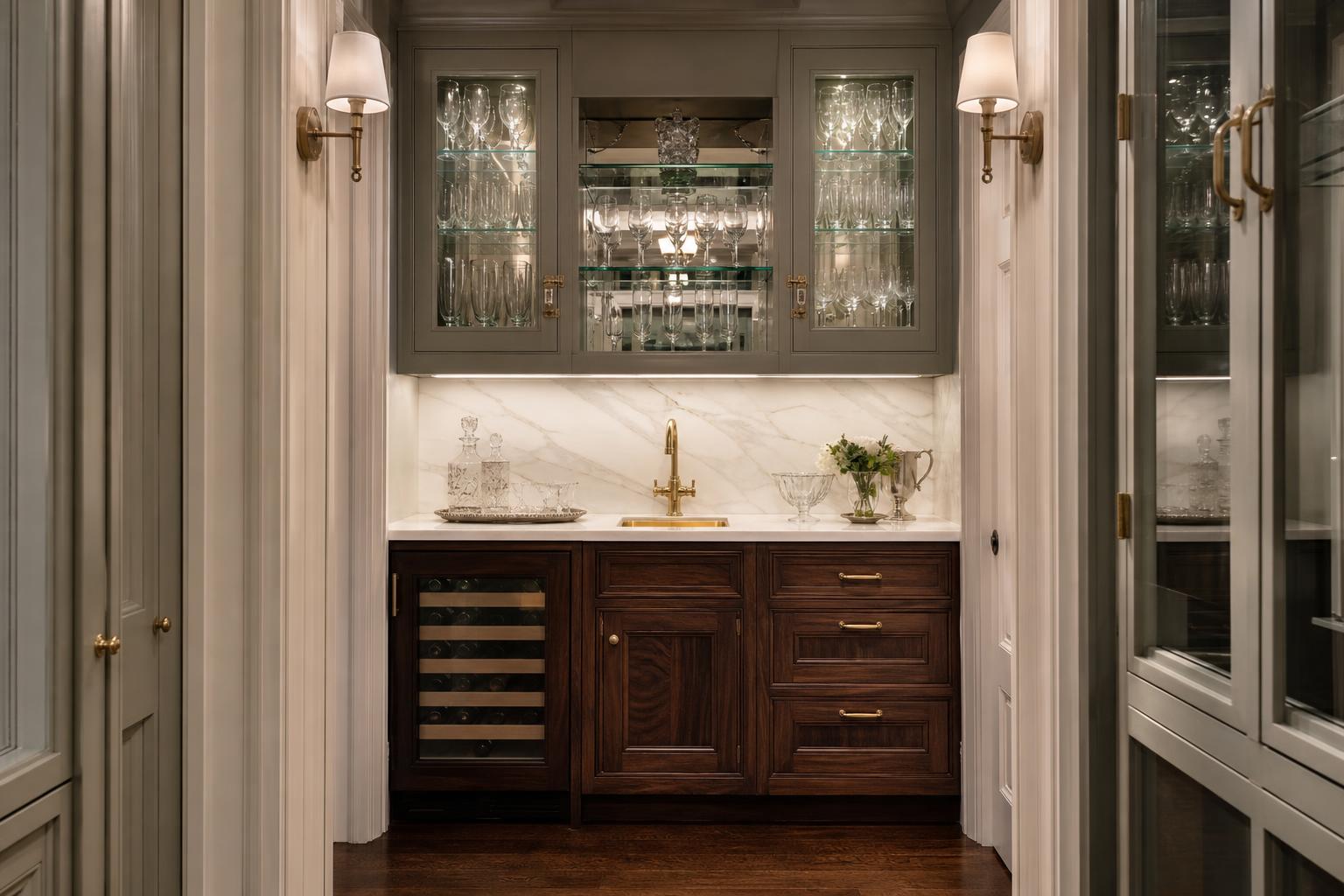 Wellesley kitchen with Calacatta marble island and brass pendants