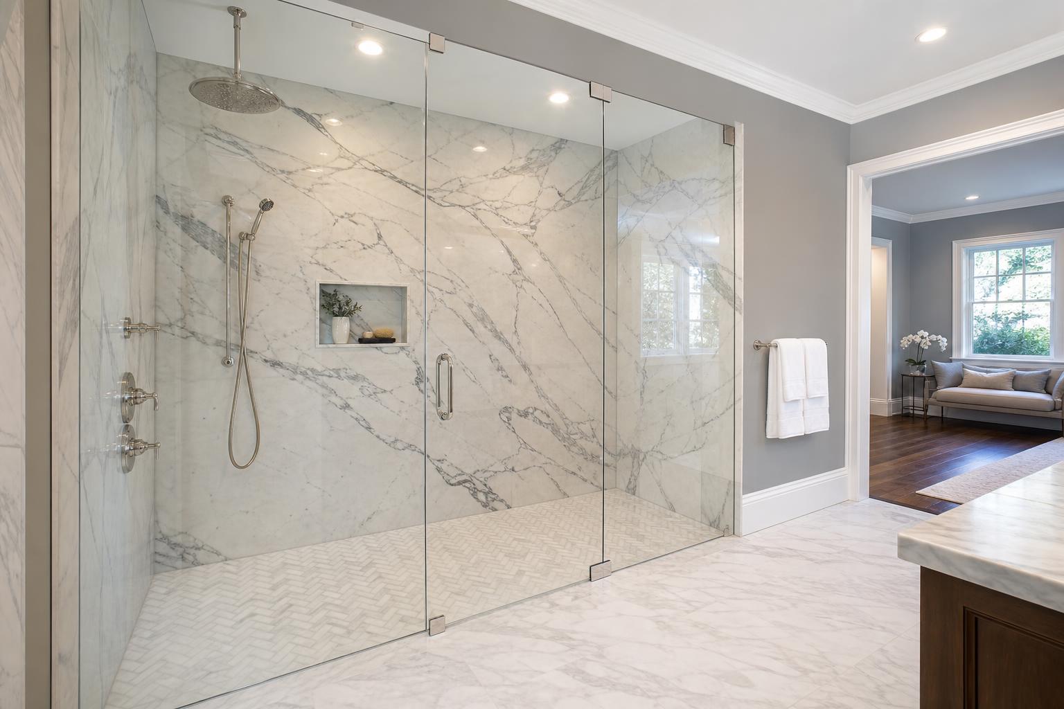 Aged brass bridge faucet on marble counter