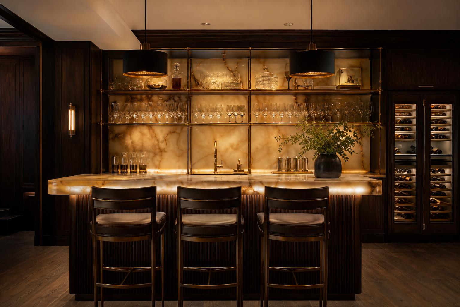Navy butler's pantry with brass hardware and crystal stemware