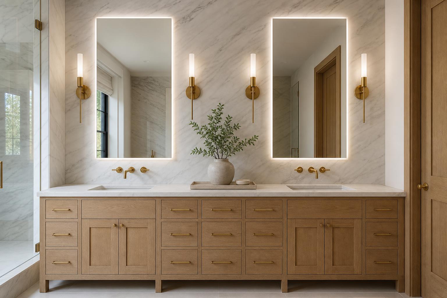 Toile powder room with marble vessel sink and antique mirror